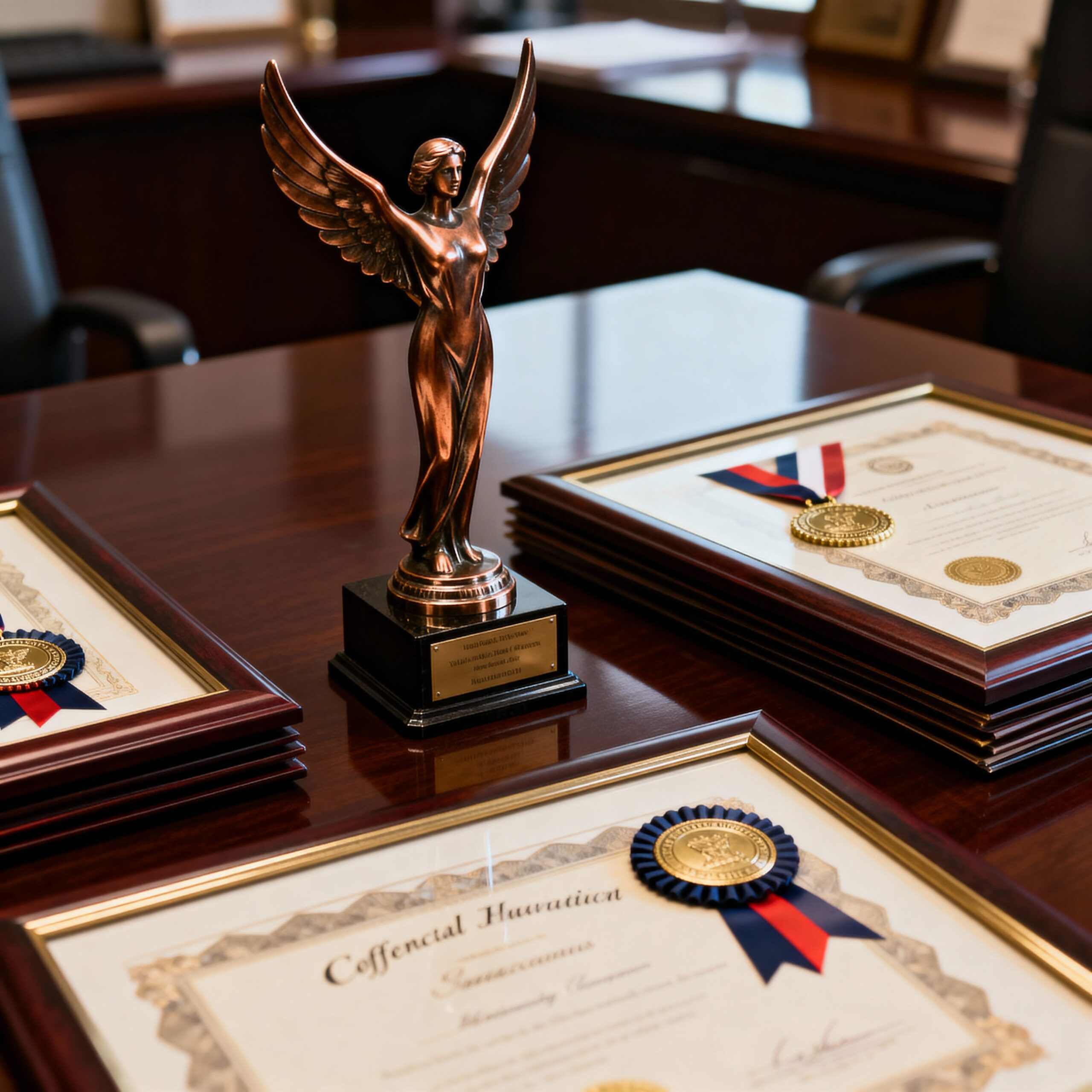 A collection of corporate awards and certification plaques